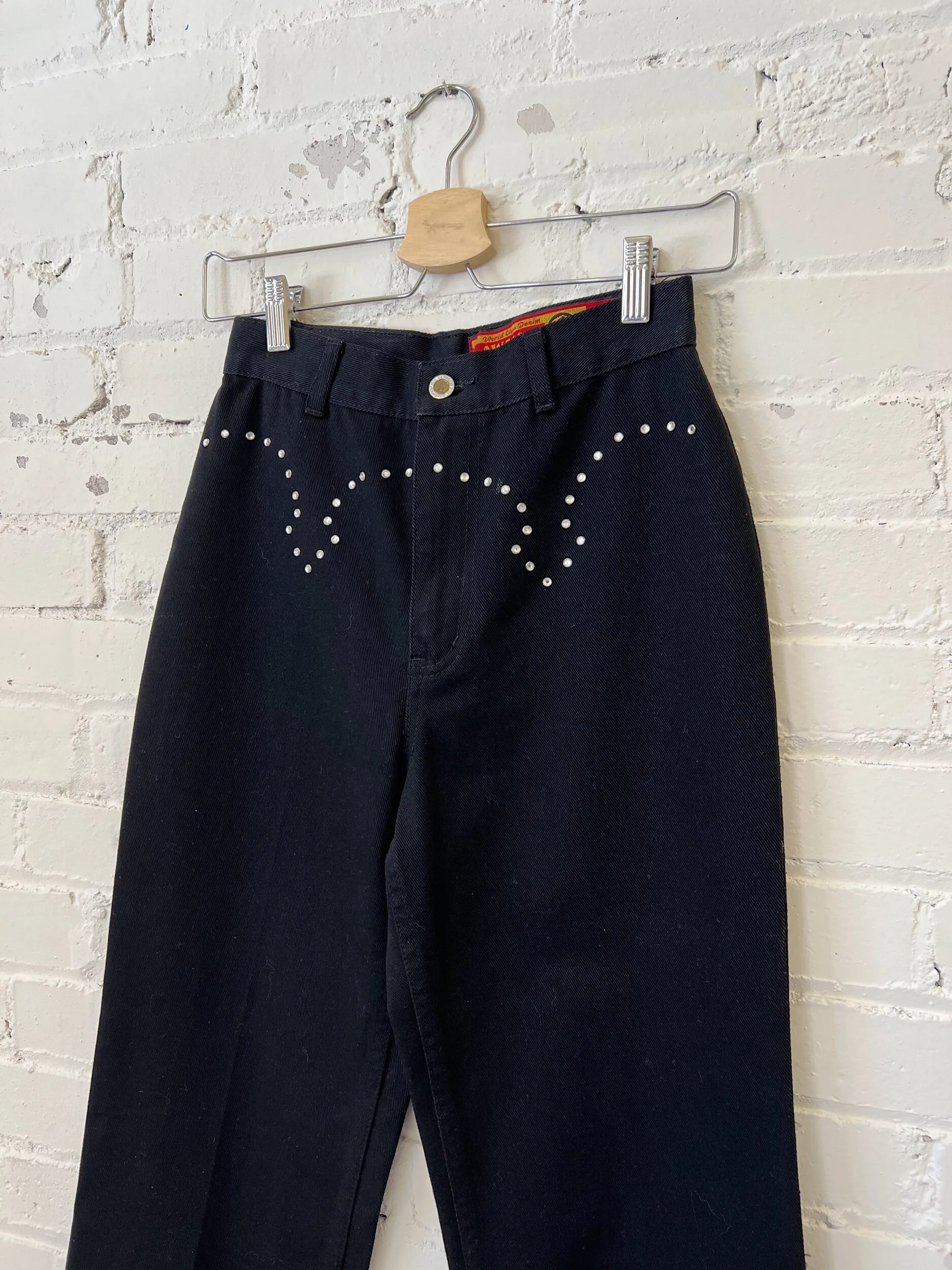 90s Lawman Black Western Tapered Leg Jeans w/Rhinestones, Size 0 / XXS-