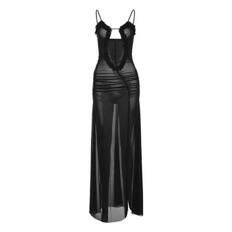 Adara | black sexy dress, long elegant dress, mesh dress