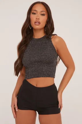 Black Metallic Knit Sleeveless Cropped Top - Fionaa