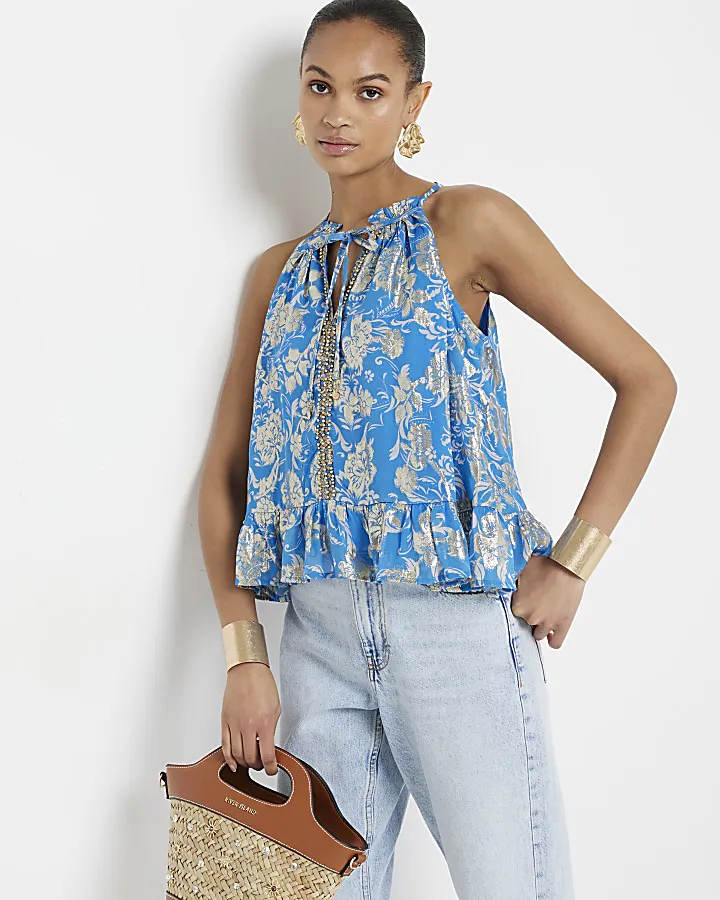 Blue glitter floral sleeveless top