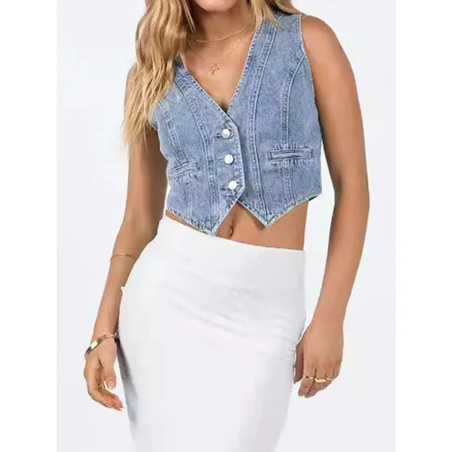 Button Up Sleeveless Denim Top