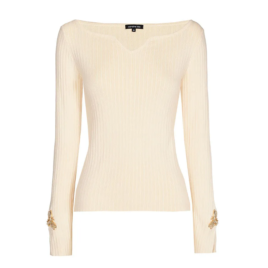 Caroline Biss BEIGE BUTTERLY DETAIL WIDE NECK FITTED PULLOVER