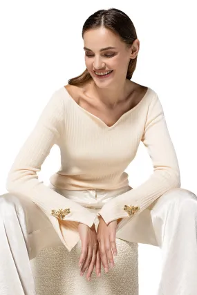 Caroline Biss BEIGE BUTTERLY DETAIL WIDE NECK FITTED PULLOVER