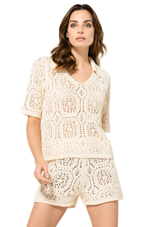 Caroline Biss BEIGE CROCHET PULLOVER