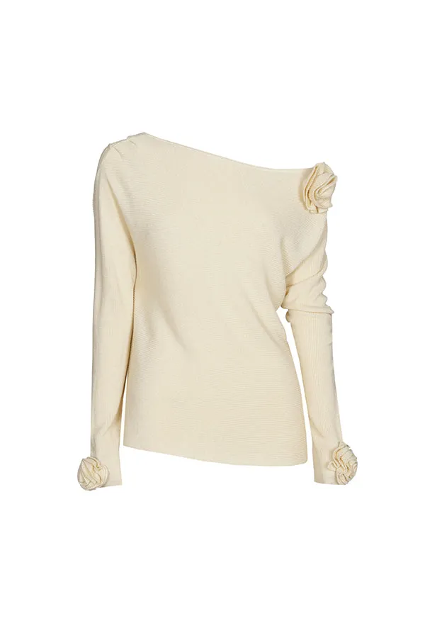 Caroline Biss CHAMPAGNE BEIGE JERSEY FLOWER PULLOVER