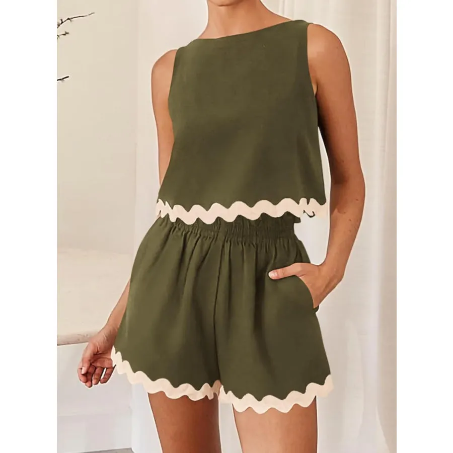 Contrast Trim Sleeveless Top and Shorts Set