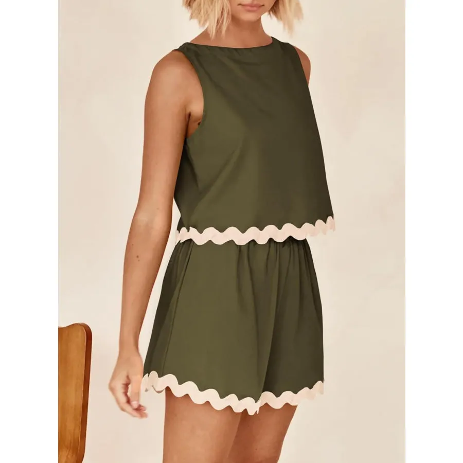 Contrast Trim Sleeveless Top and Shorts Set