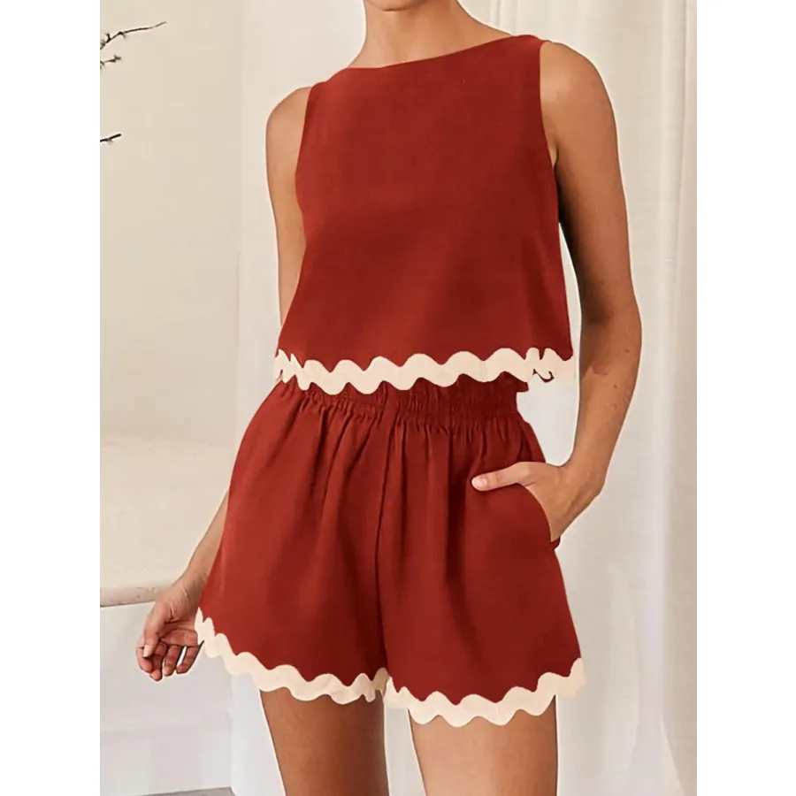 Contrast Trim Sleeveless Top and Shorts Set