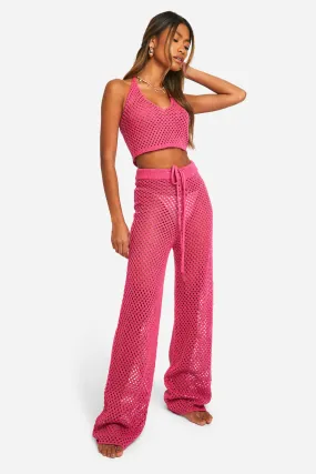 Crochet Bralette And Wide Leg Pants Knitted Set