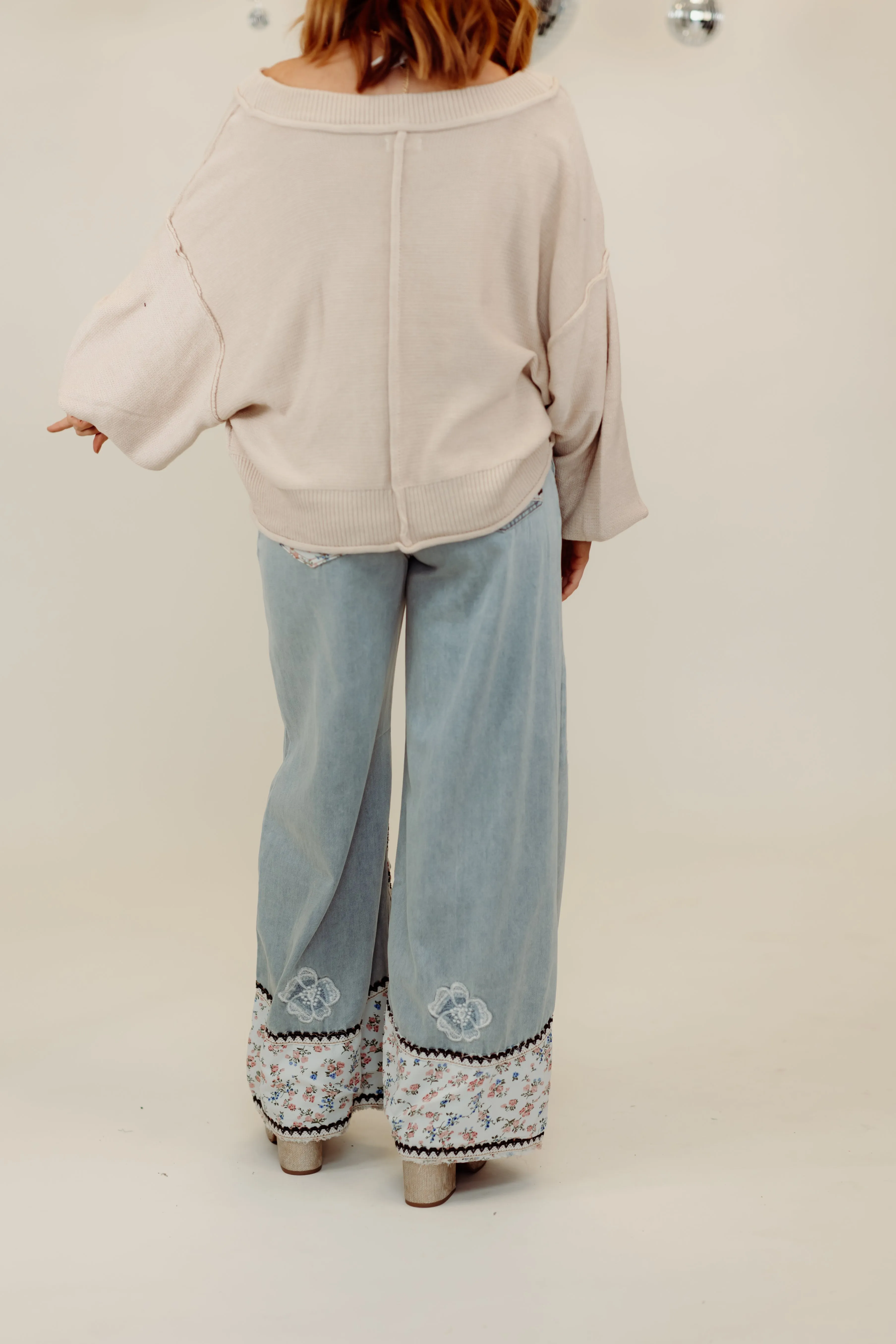 Denim Floral Patch Embroidered Wide Leg Pants