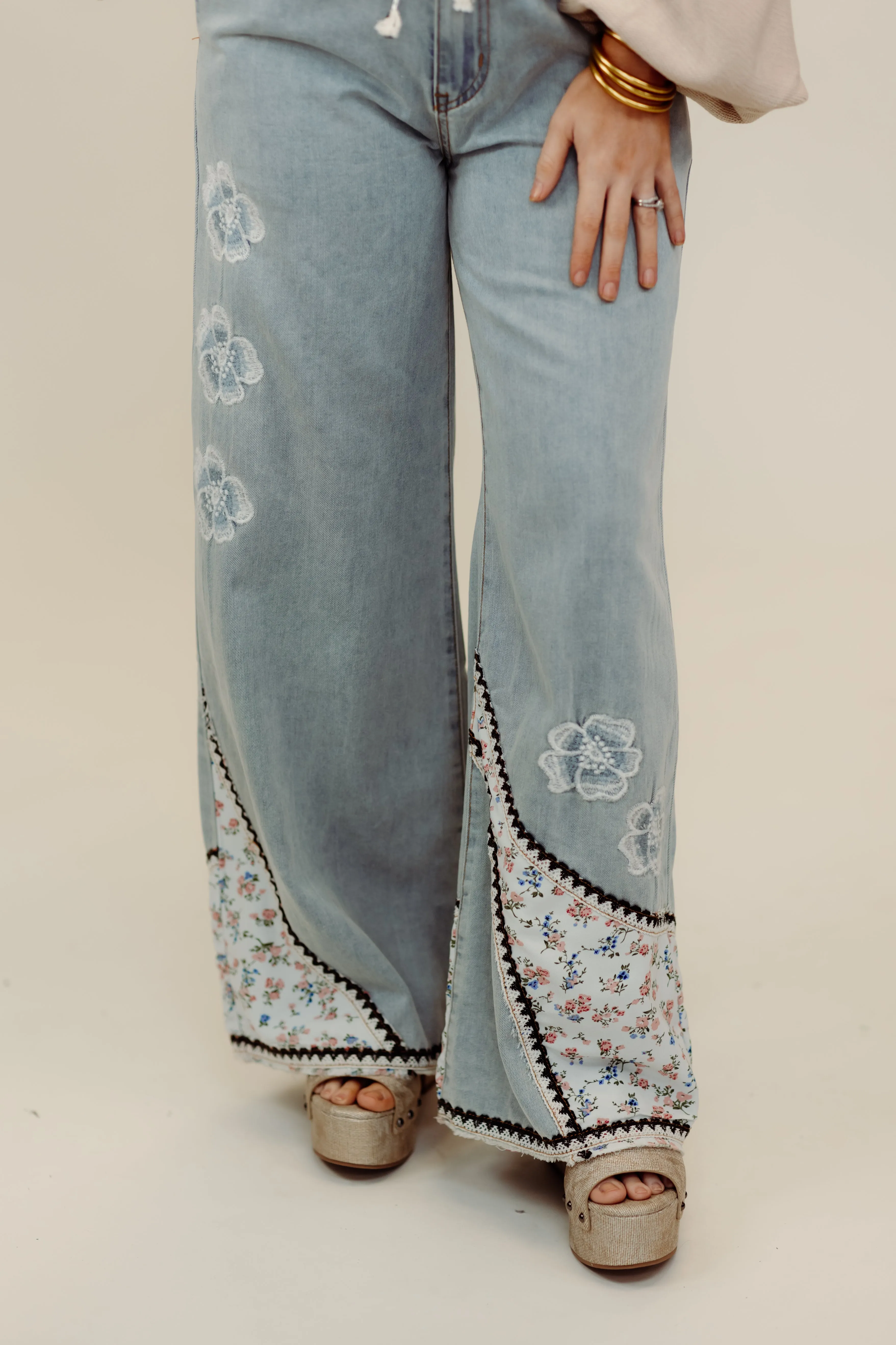 Denim Floral Patch Embroidered Wide Leg Pants