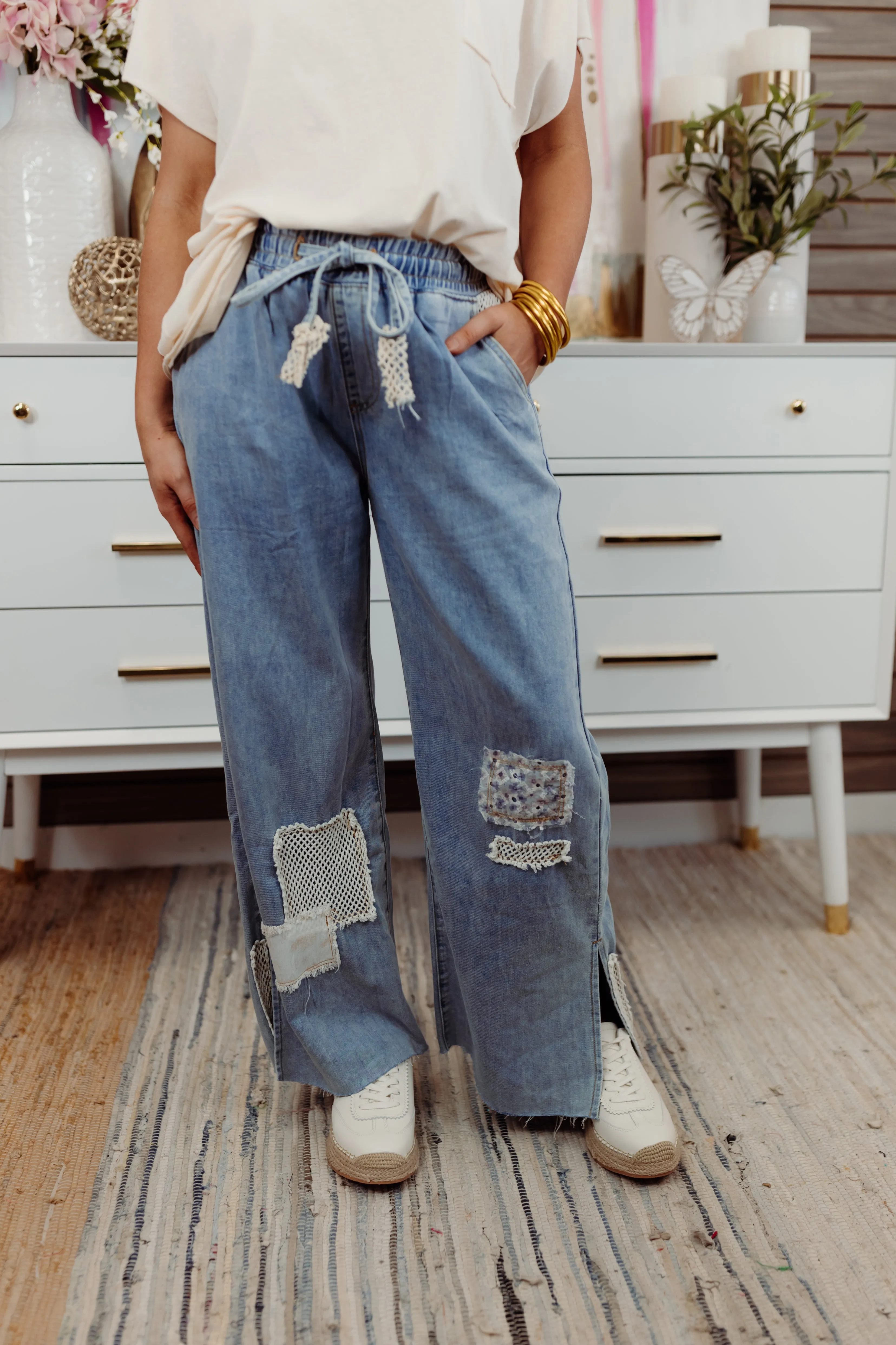 Denim Patch Detail Wide Leg Pants