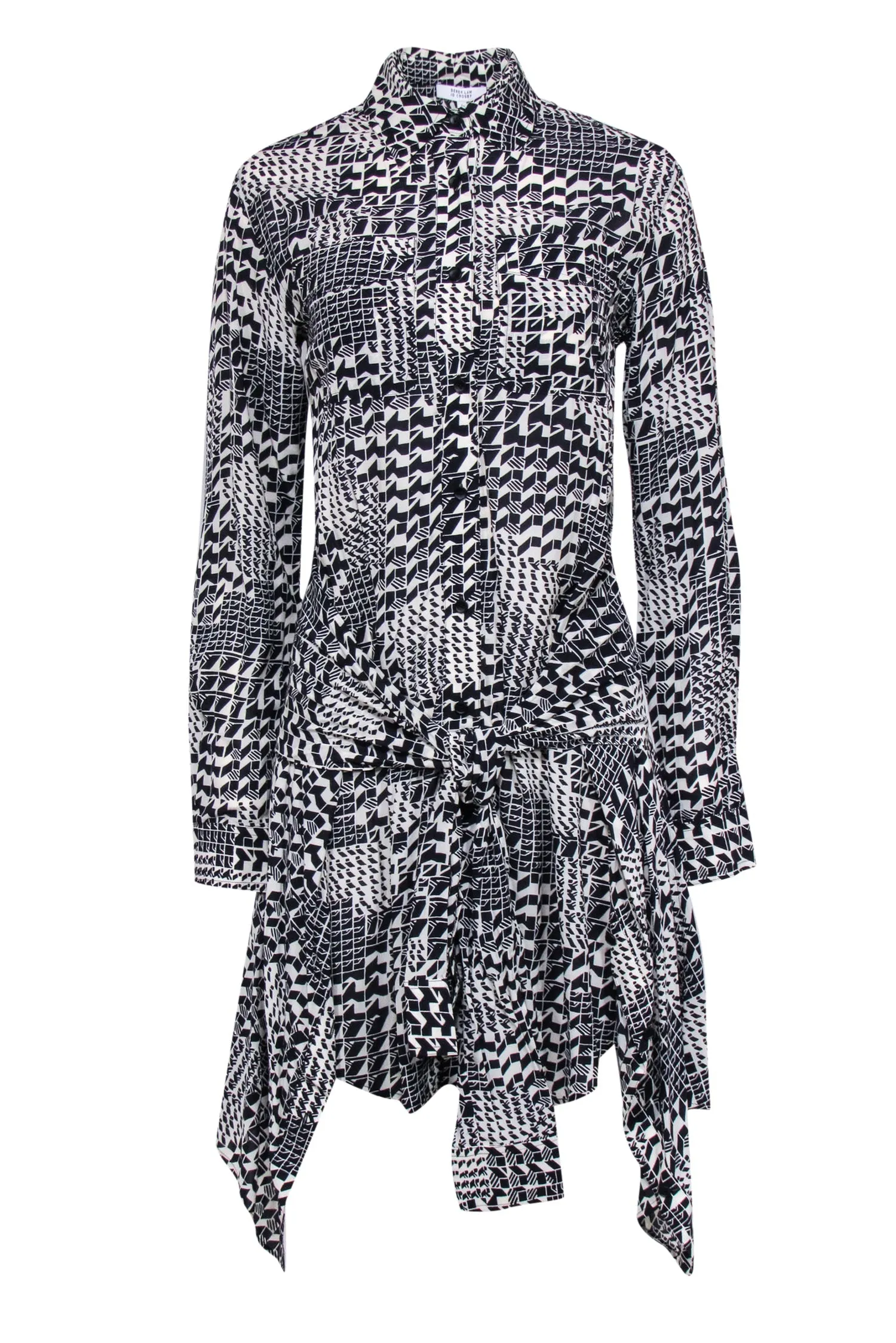 Derek Lam - Black & Cream Print Button Front Wrap Tie Bottom Dress Sz 0