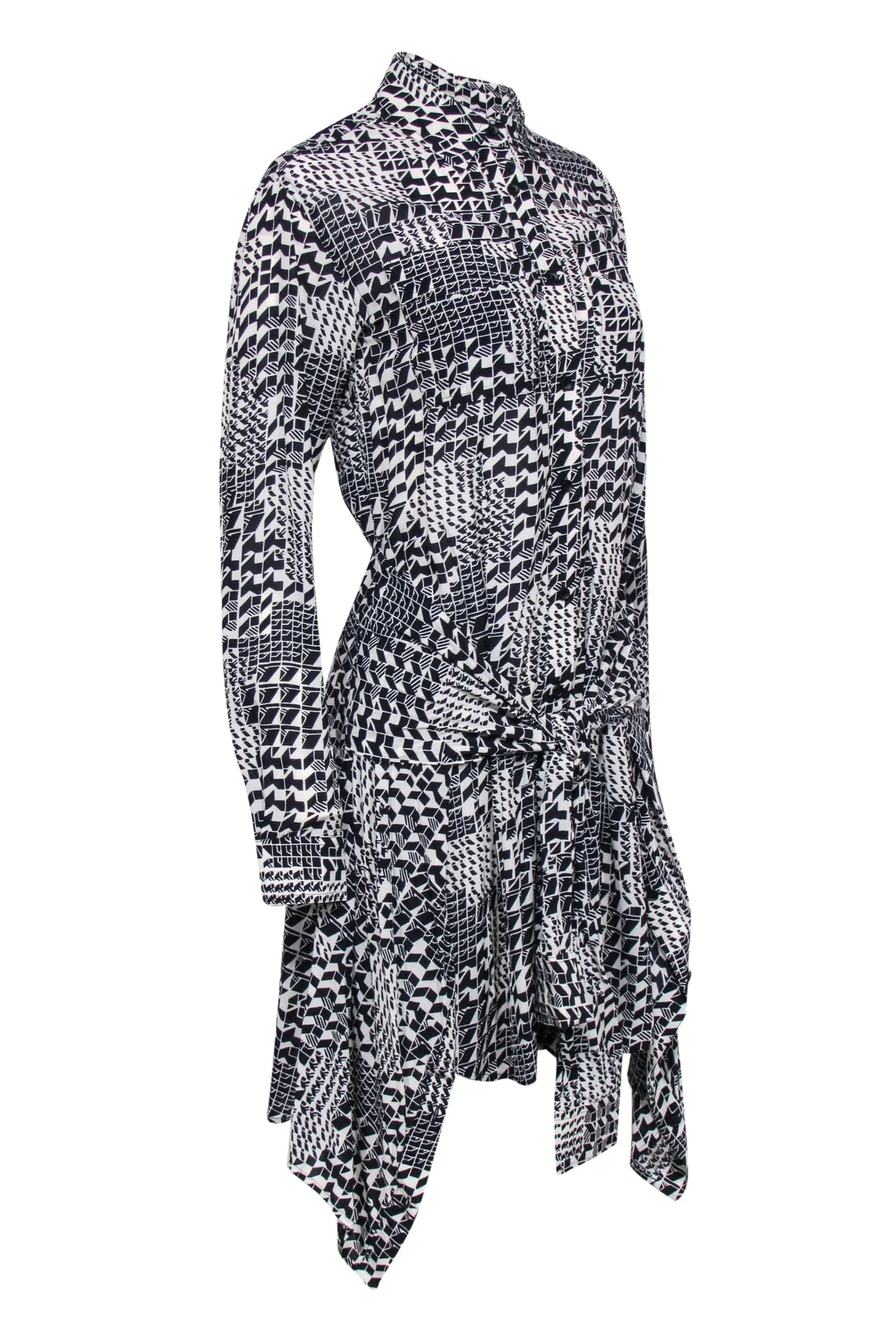 Derek Lam - Black & Cream Print Button Front Wrap Tie Bottom Dress Sz 0