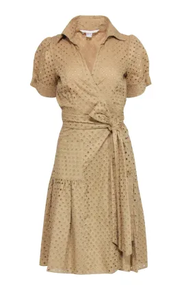 Diane von Furstenberg - Beige Eyelet Short Sleeve Wrap Dress Sz 12