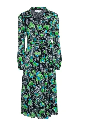 Diane von Furstenberg - Black & Green Floral Long Sleeve Wrap Dress Sz M