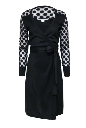 Diane von Furstenberg - Black Wrap Dress w/ Semi Sheer Polka Dot Sleeves Sz S