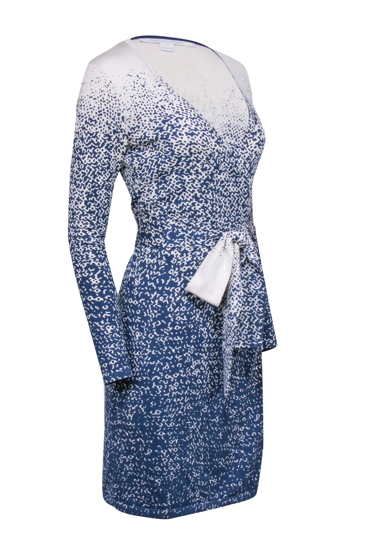 Diane von Furstenberg - Blue & Cream Gradient Printed Knit Wrap Dress Sz P