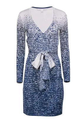 Diane von Furstenberg - Blue & Cream Gradient Printed Knit Wrap Dress Sz P