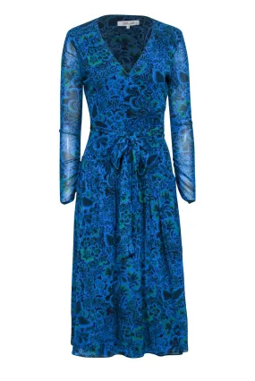 Diane von Furstenberg - Blue & Green Floral & Leaf Print Wrap Dress Sz S