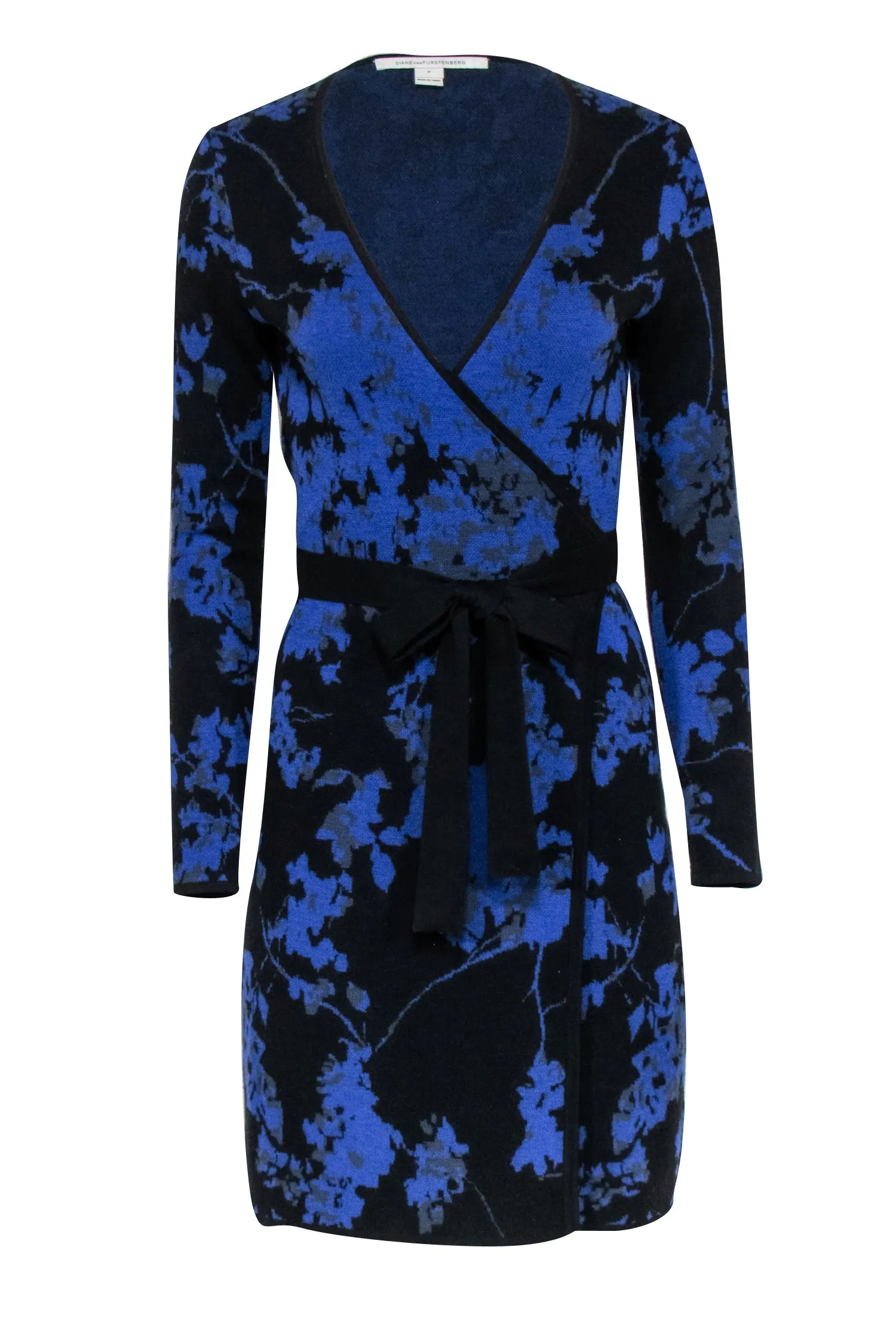 Diane von Furstenberg - Blue, Black & Grey Floral Merino Wool Knit Wrap Dress Sz P