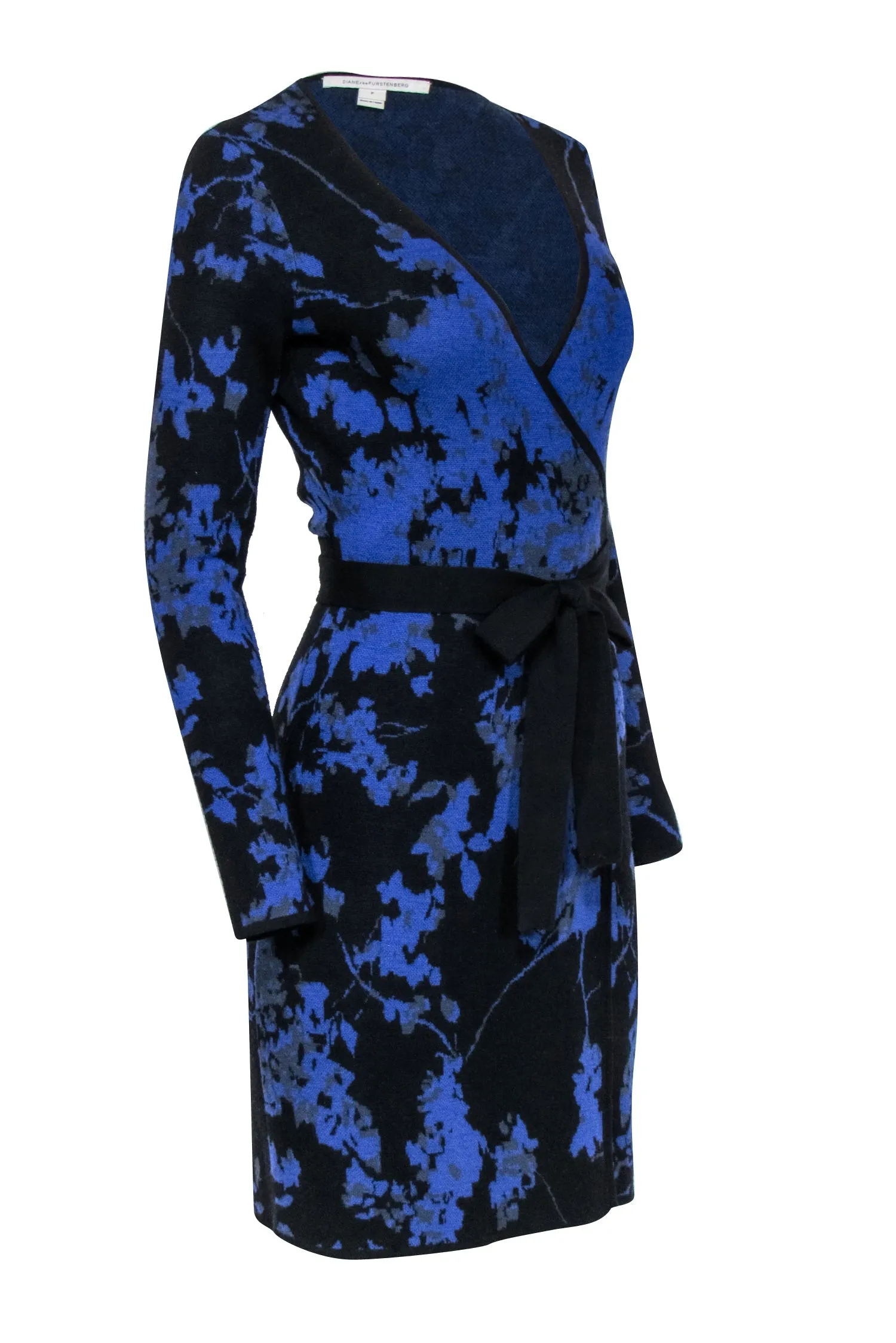 Diane von Furstenberg - Blue, Black & Grey Floral Merino Wool Knit Wrap Dress Sz P