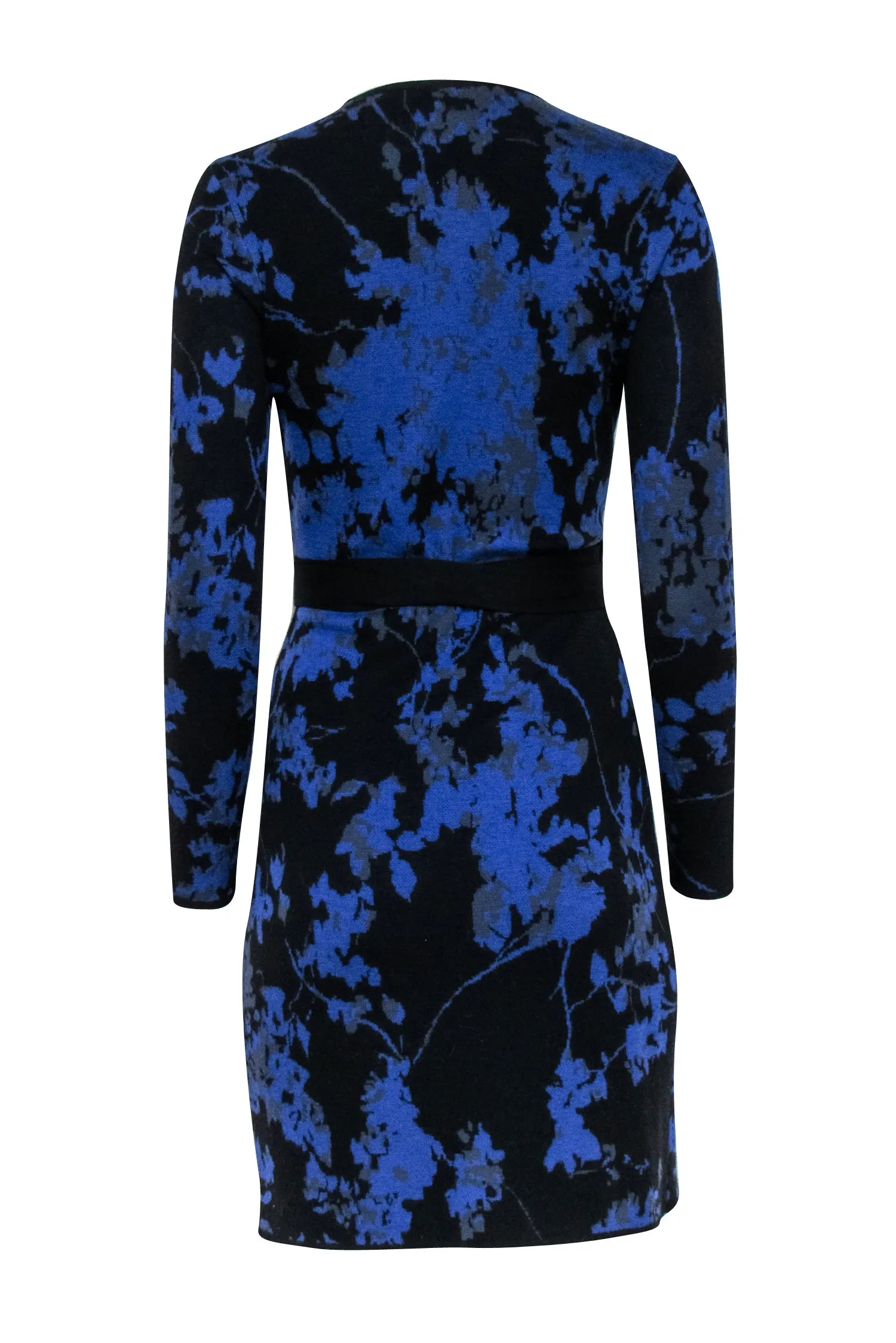 Diane von Furstenberg - Blue, Black & Grey Floral Merino Wool Knit Wrap Dress Sz P