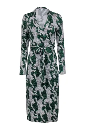 Diane von Furstenberg - Green w/ White & Black Leopards Wrap Dress Sz 8