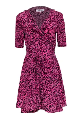 Diane von Furstenberg - Pink & Black Leaf Print Silk Wrap Dress Sz 10