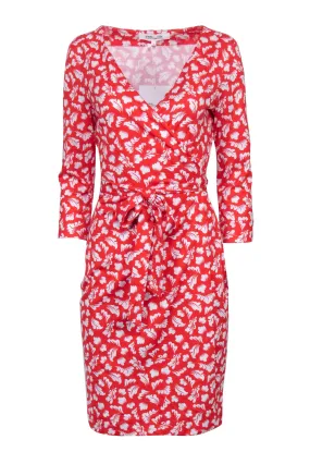 Diane von Furstenberg - Red & White Leaf Print Wrap Dress Sz 8