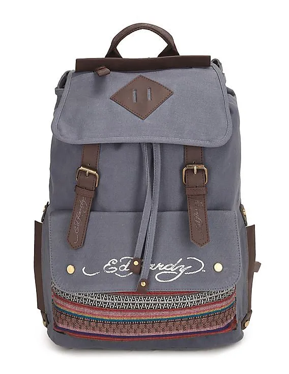 Ed Hardy Men Blue Patterned Canvas Backpack