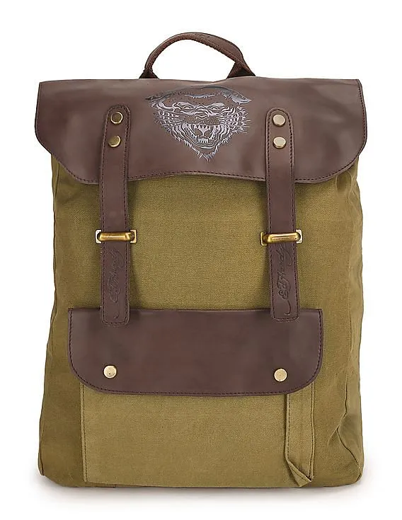 Ed Hardy Men Olive Contrast Trim Canvas Backpack