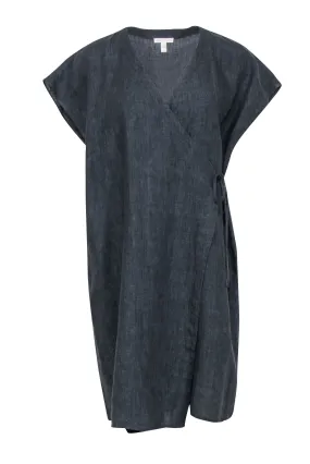 Eileen Fisher - Dark Grey Chambray Organic Linen Wrap Dress Sz S