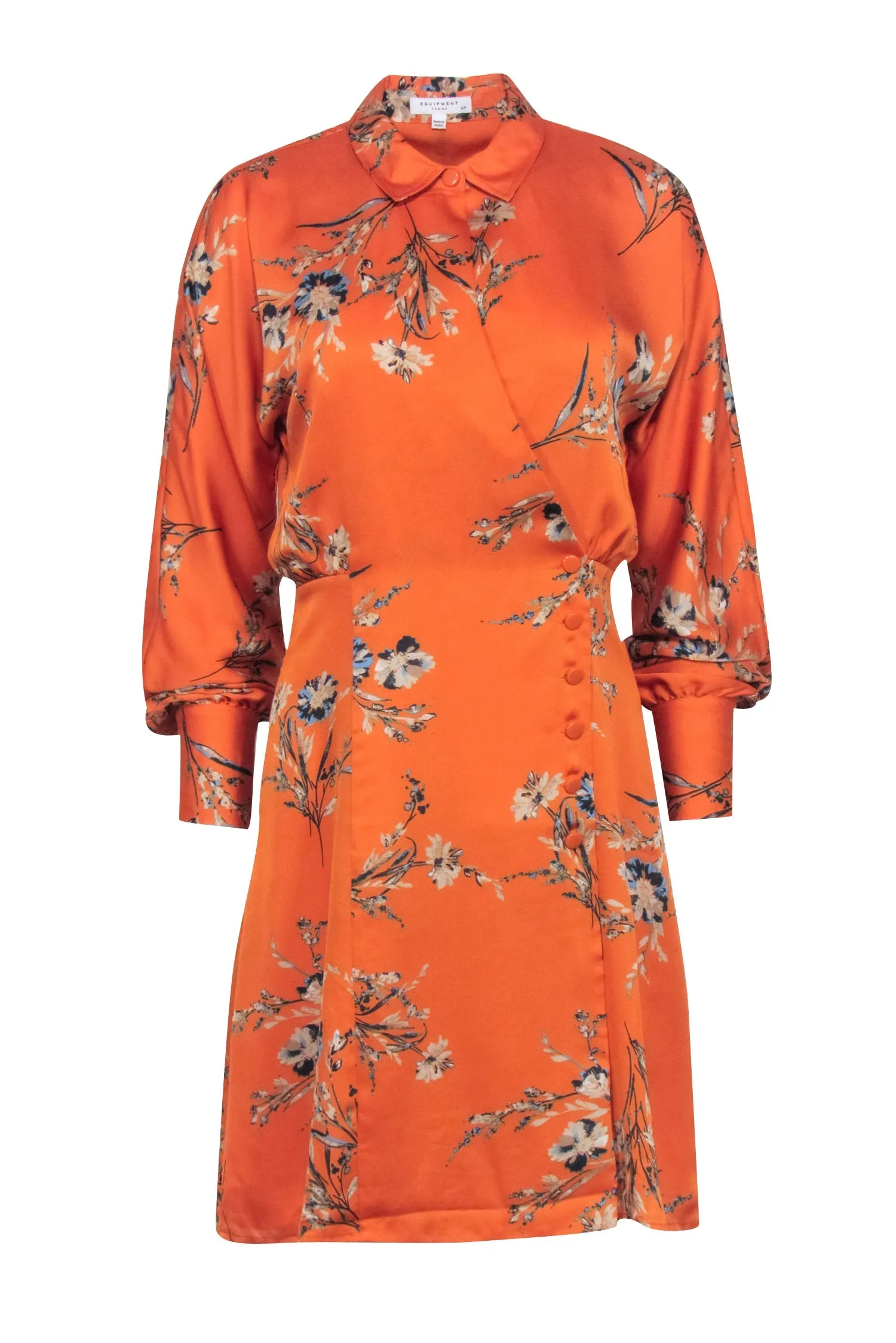 Equipment - Orange w/ Blue Floral Print Satin Wrap Dress Sz S