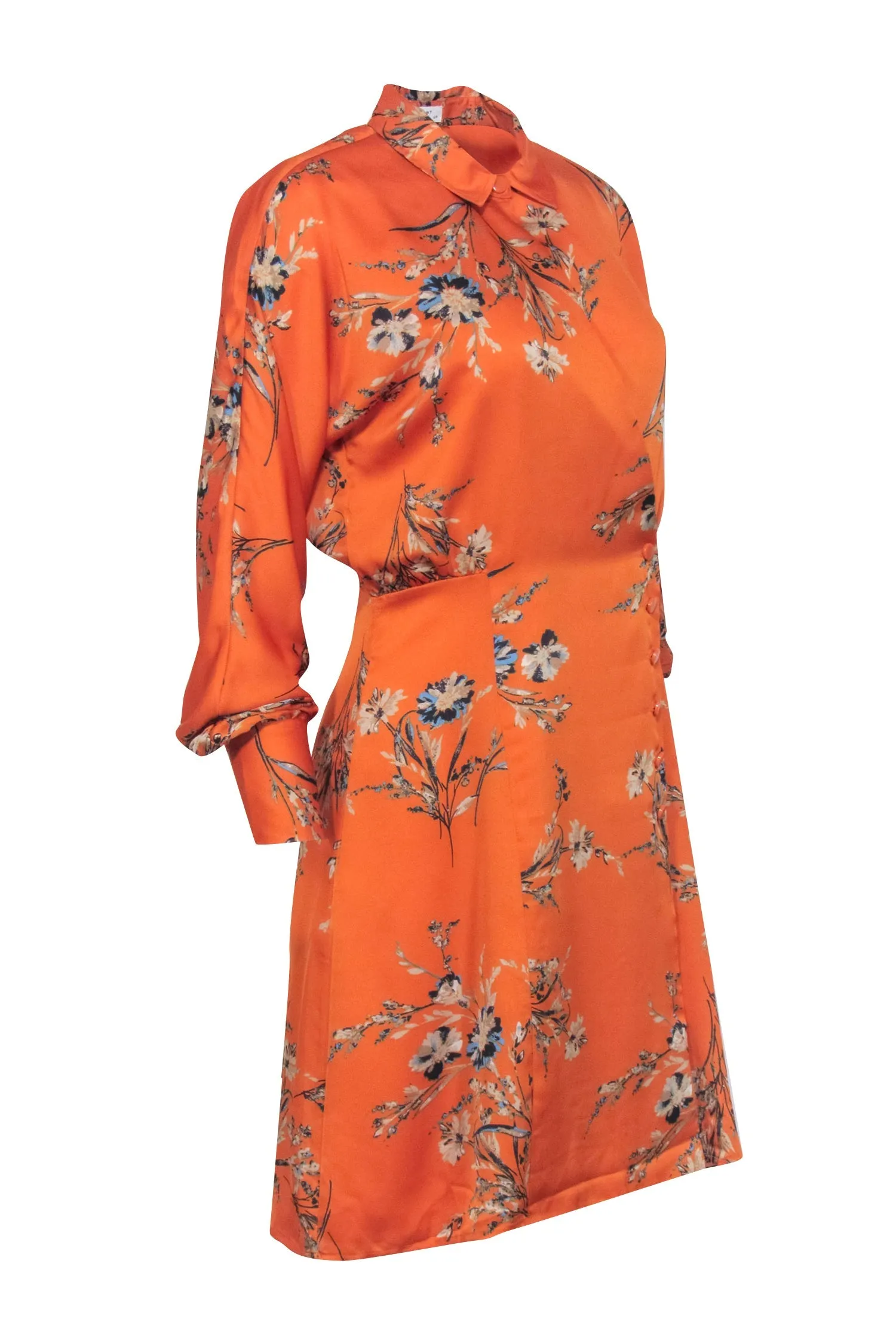 Equipment - Orange w/ Blue Floral Print Satin Wrap Dress Sz S