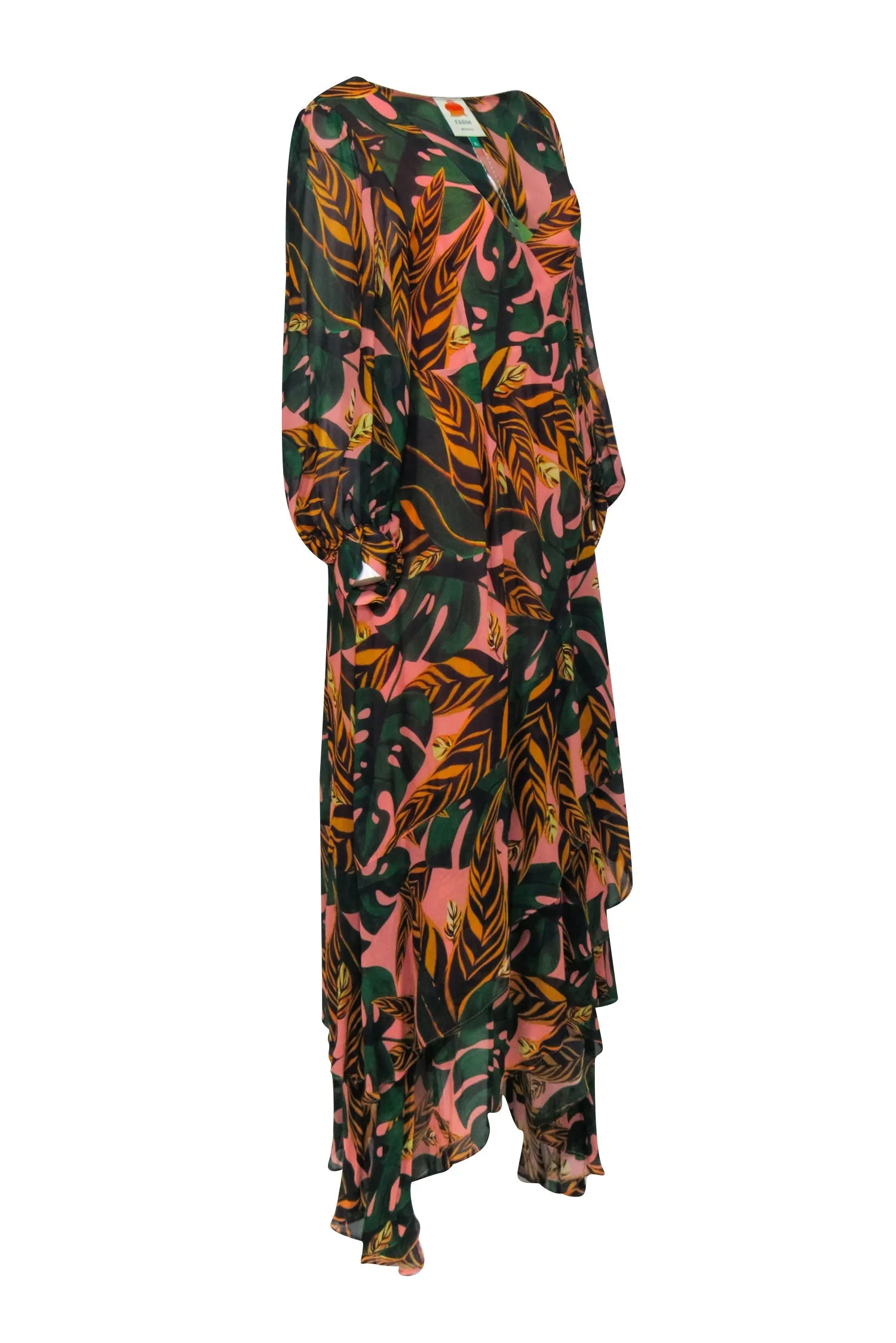 Farm - Pink & Green Palm Leaf Print Long Sleeve Wrap Maxi Dress Sz XL