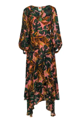 Farm - Pink & Green Palm Leaf Print Long Sleeve Wrap Maxi Dress Sz XL