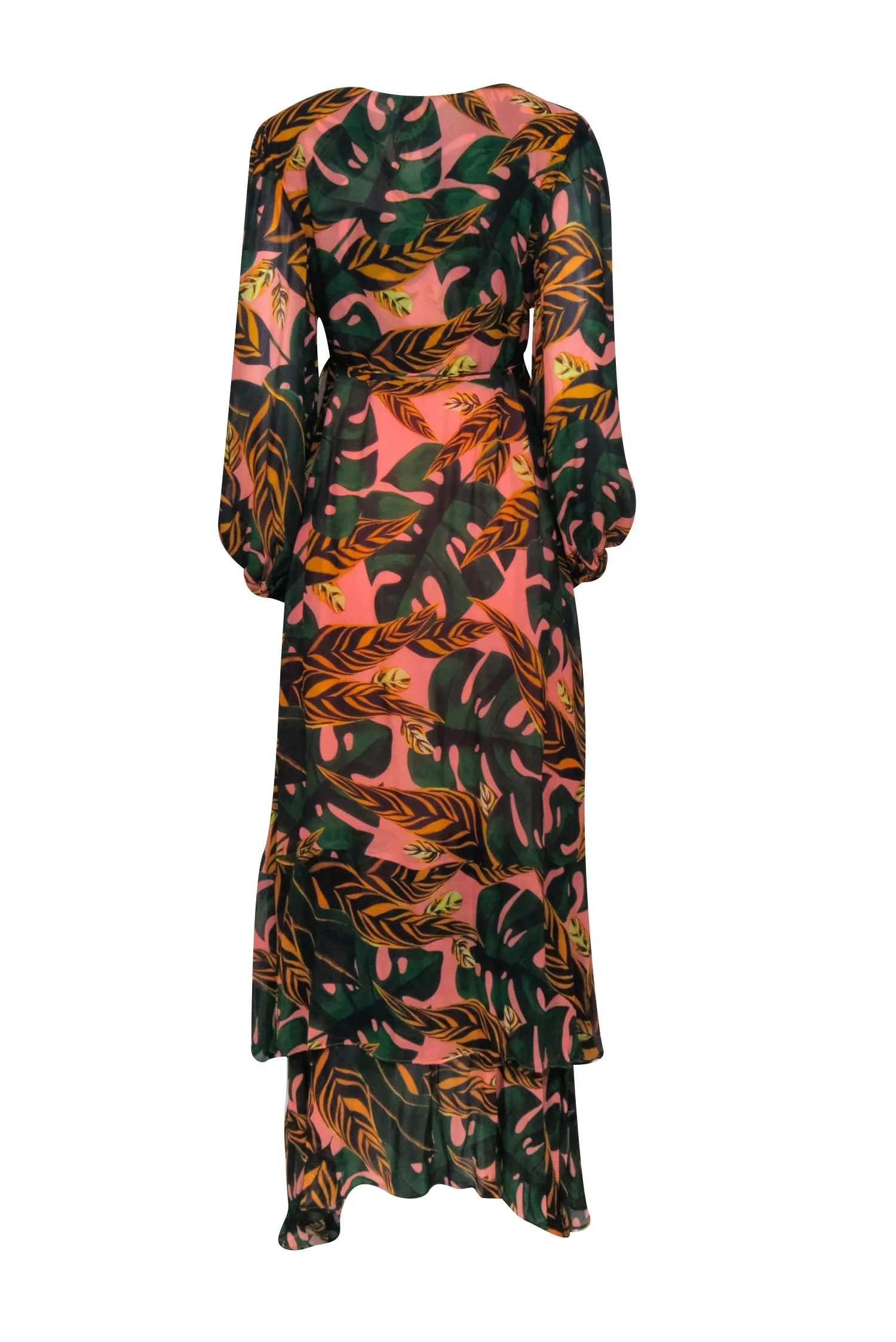 Farm - Pink & Green Palm Leaf Print Long Sleeve Wrap Maxi Dress Sz XL