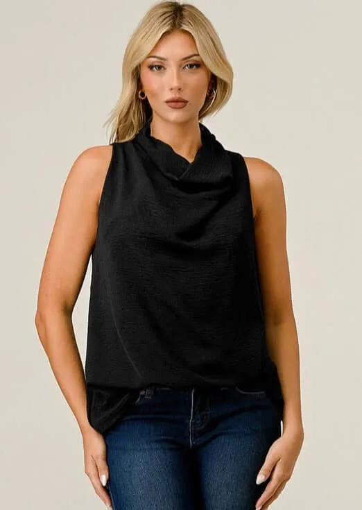 Flattering & Versatile Black Satin Sleeveless Top Made in USA