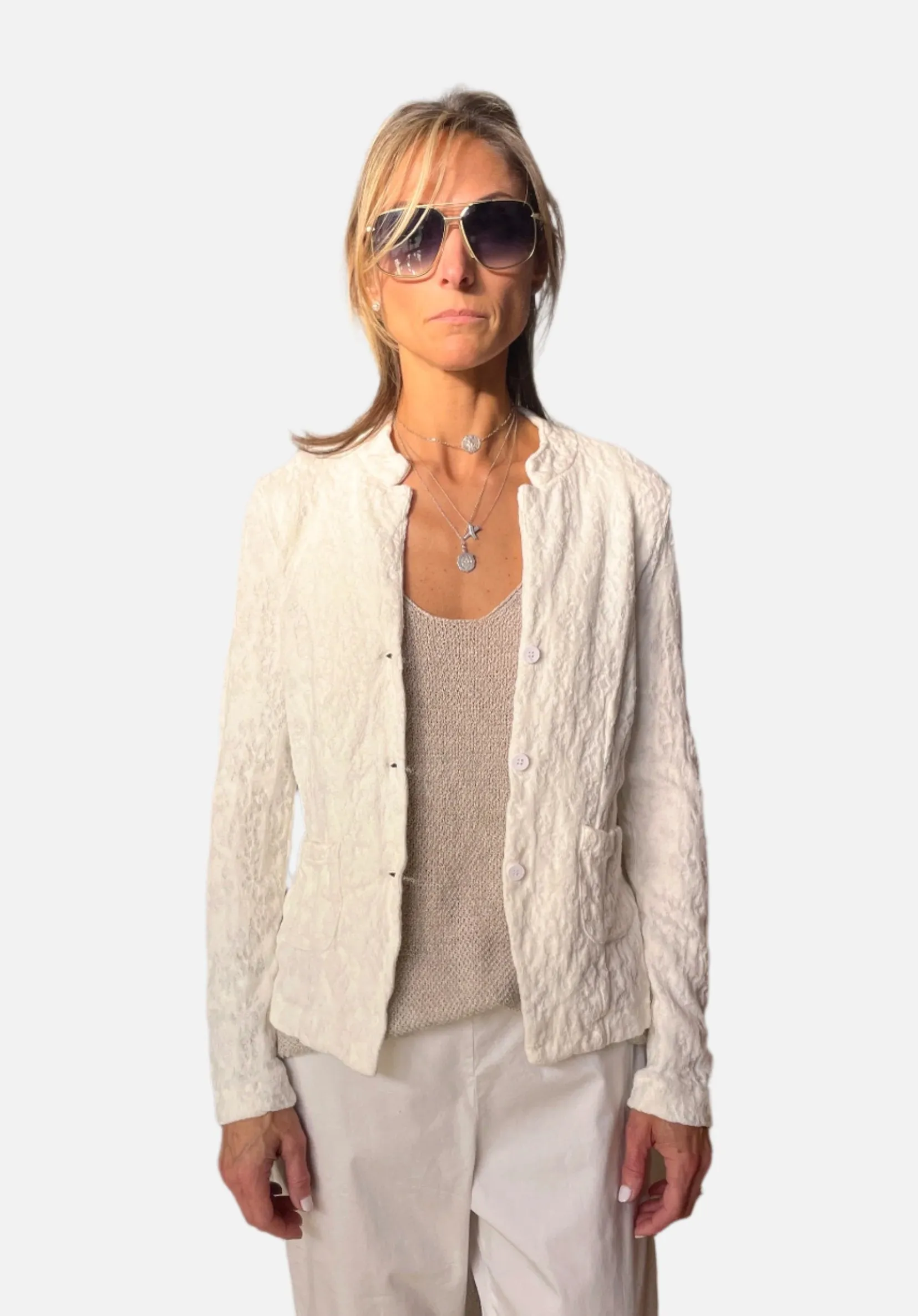 Floral Cotton Linen Jacquard Knitted Jacket - Ivory