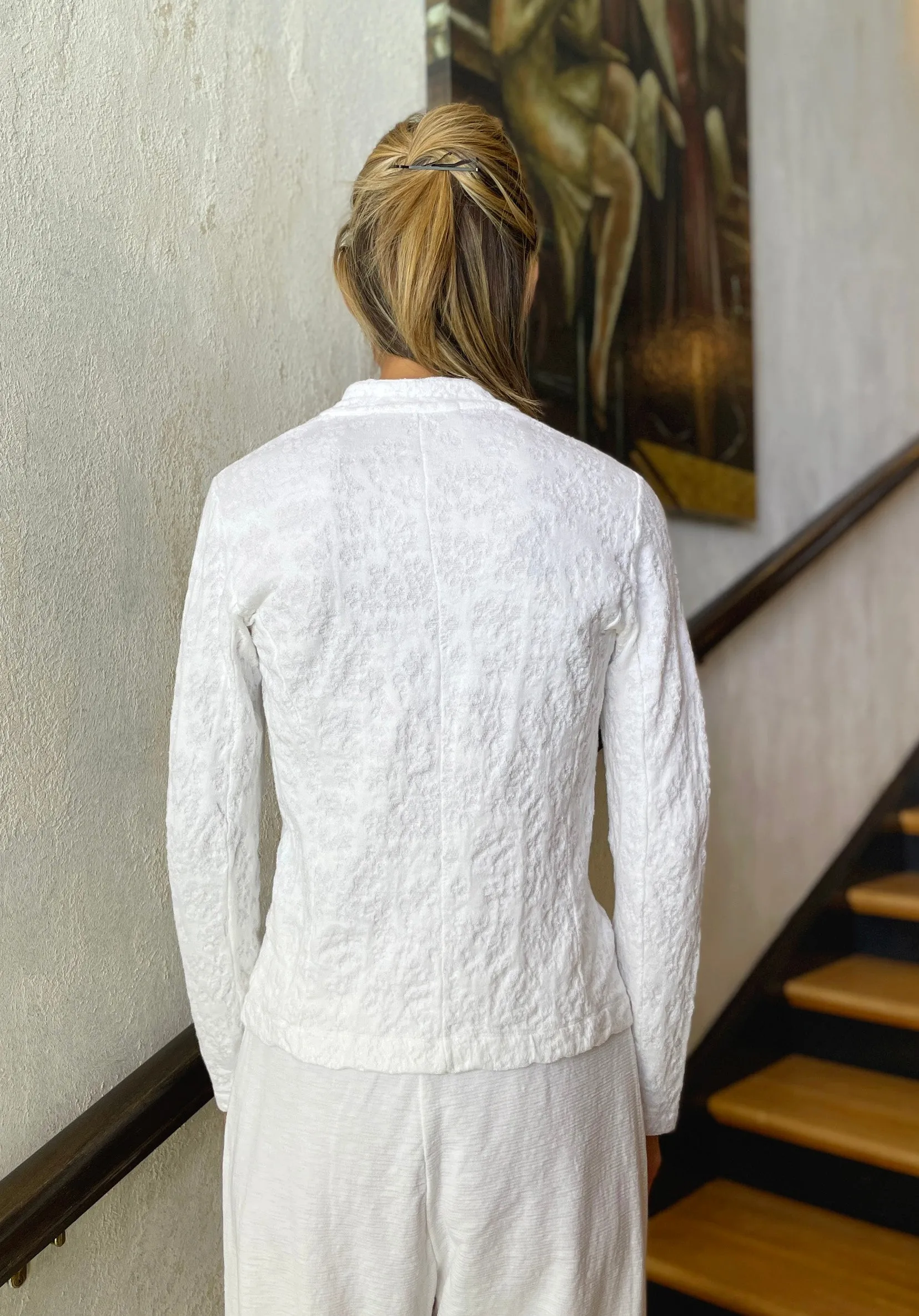 Floral Cotton Linen Jacquard Knitted Jacket - White