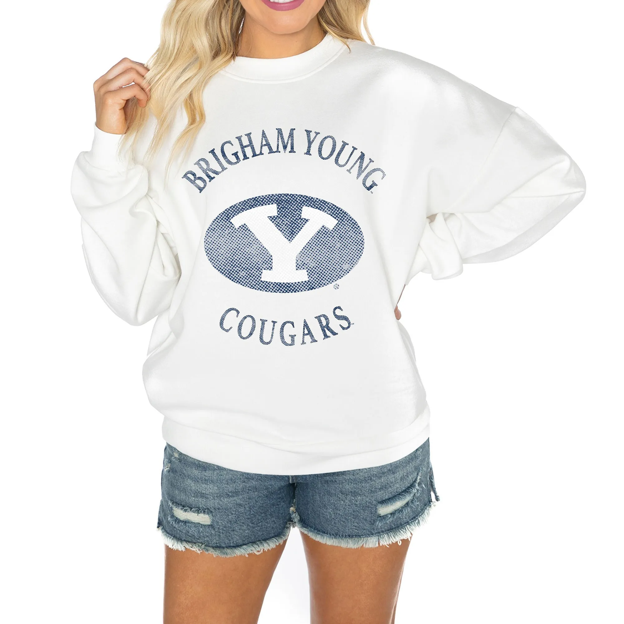 Gameday Couture BYU Cougars Women's White Good Vibes Premium Fleece Drop Shoulder Pullover Sweatshirt