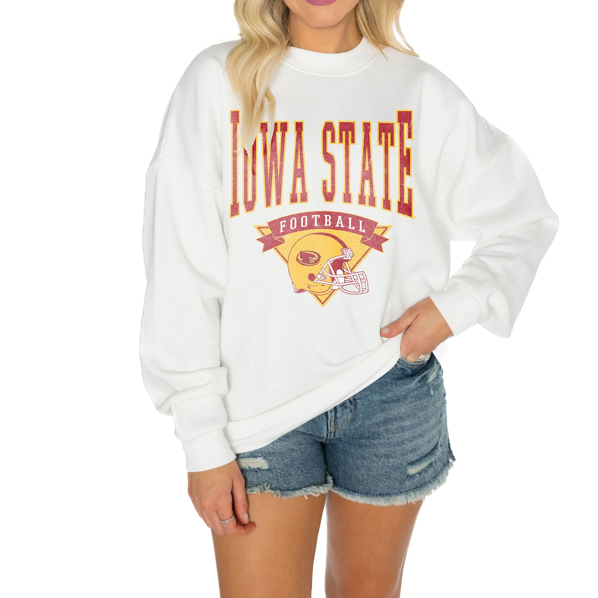 Gameday Couture Iowa State Cyclones Women's White Good Vibes Premium Fleece Drop Shoulder Pullover Sweatshirt