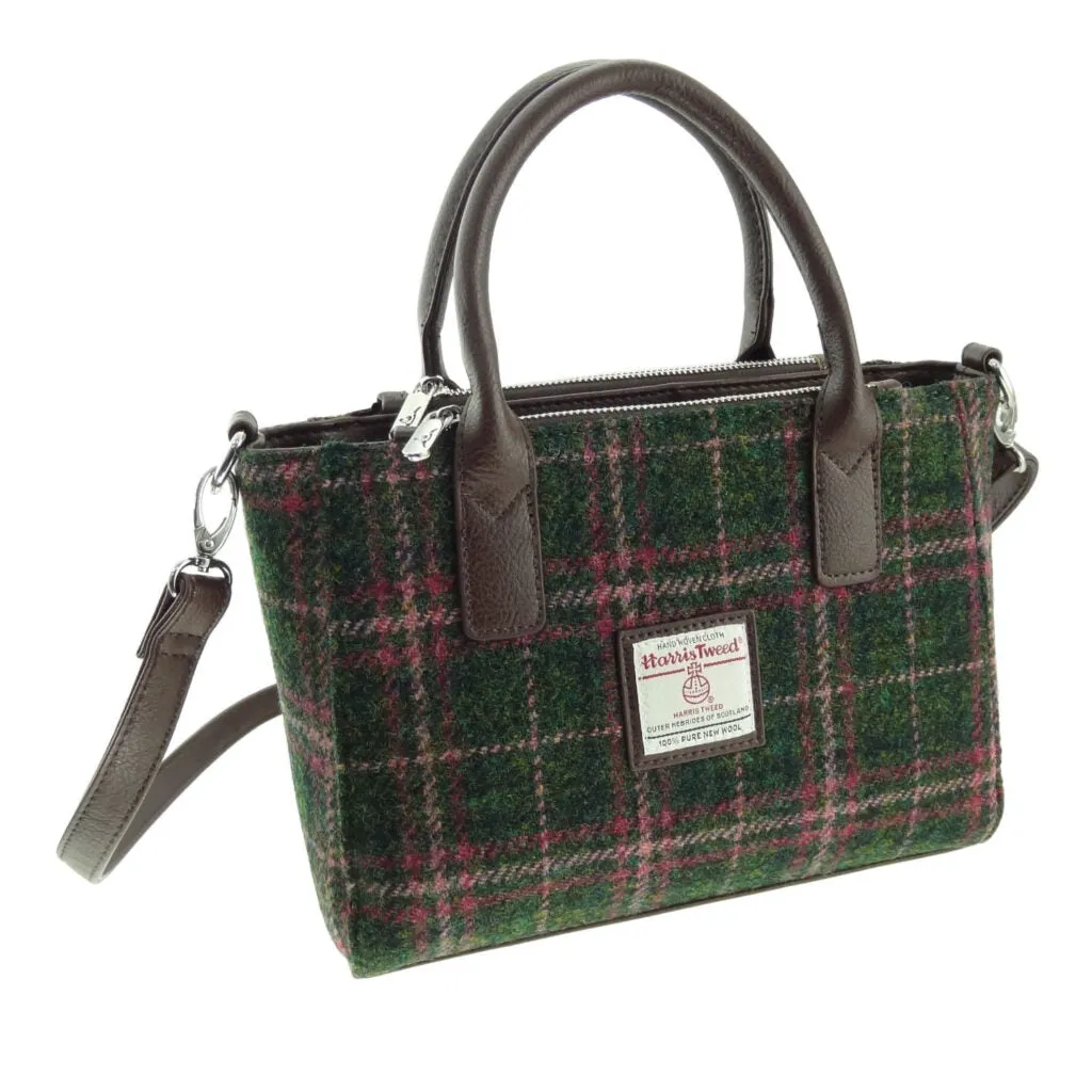 Harris Tweed 'Brora' Small Tote in Dark Green and Plum Check