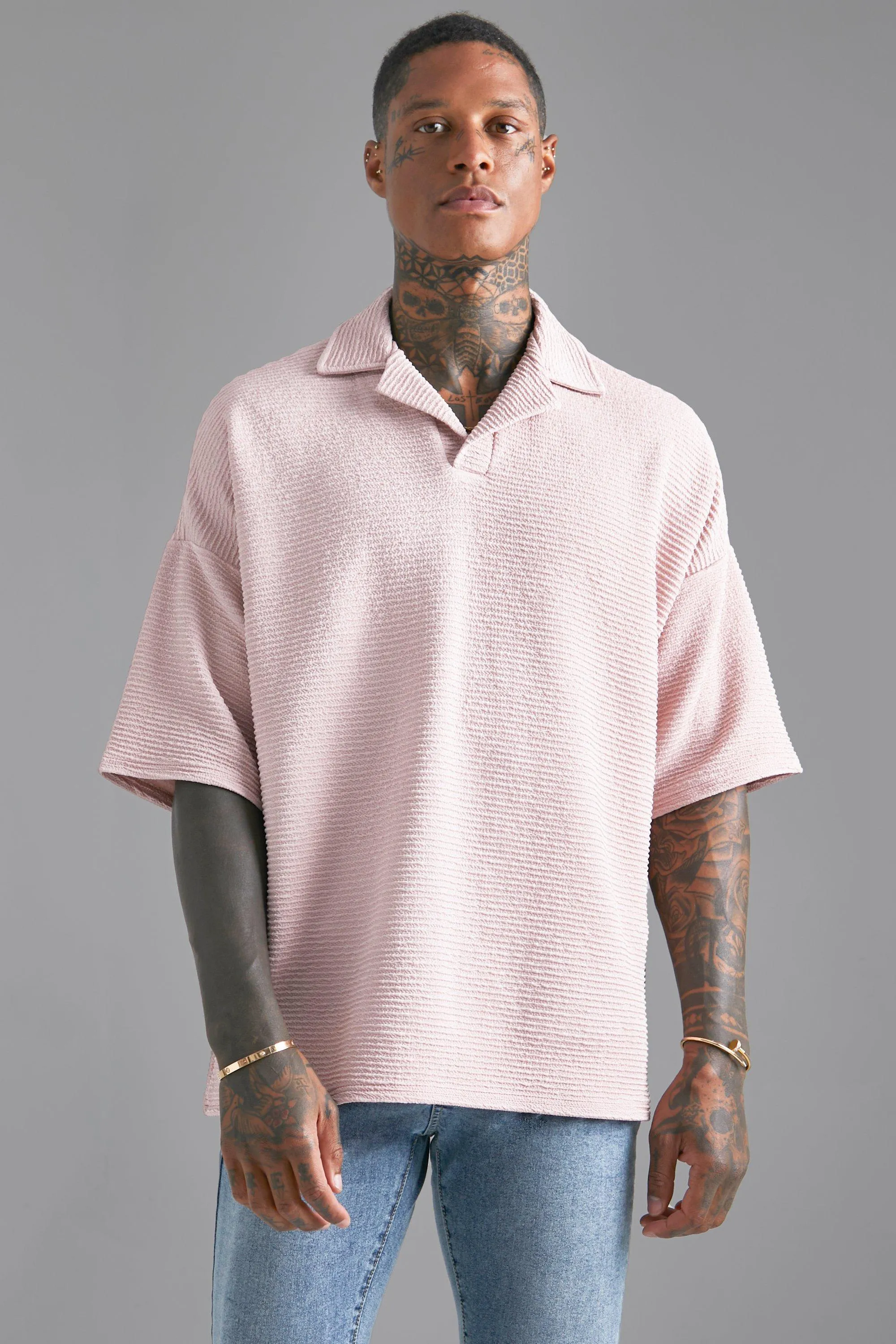 Horizontal Crinkcle Oversized Revere Polo