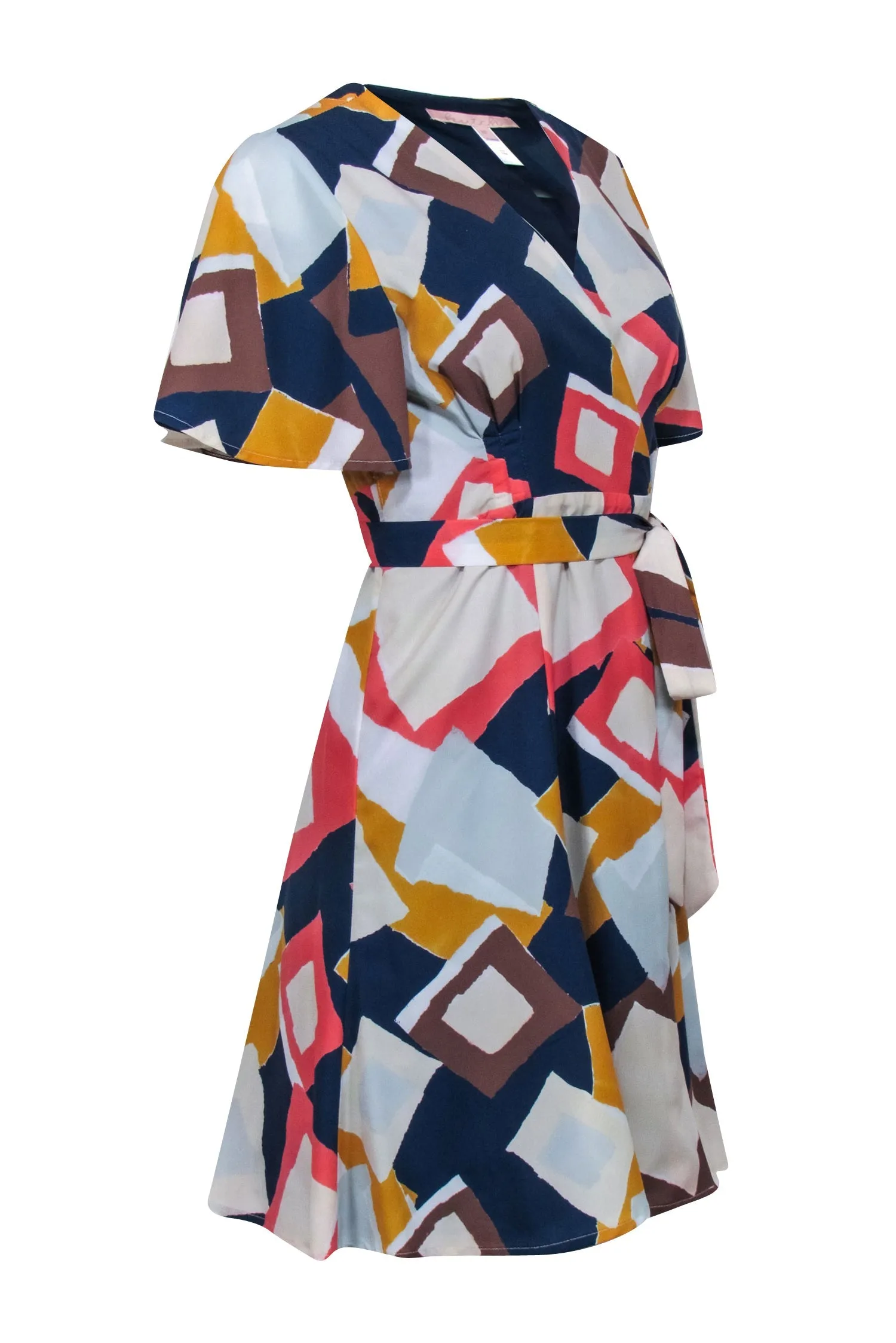 Hutch - Light Blue, Navy, & Coral Sleeve Abstract Print Wrap Dress Sz MP