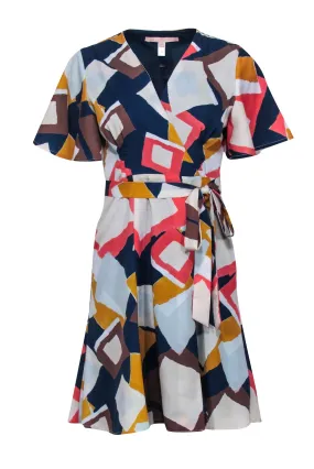 Hutch - Light Blue, Navy, & Coral Sleeve Abstract Print Wrap Dress Sz MP