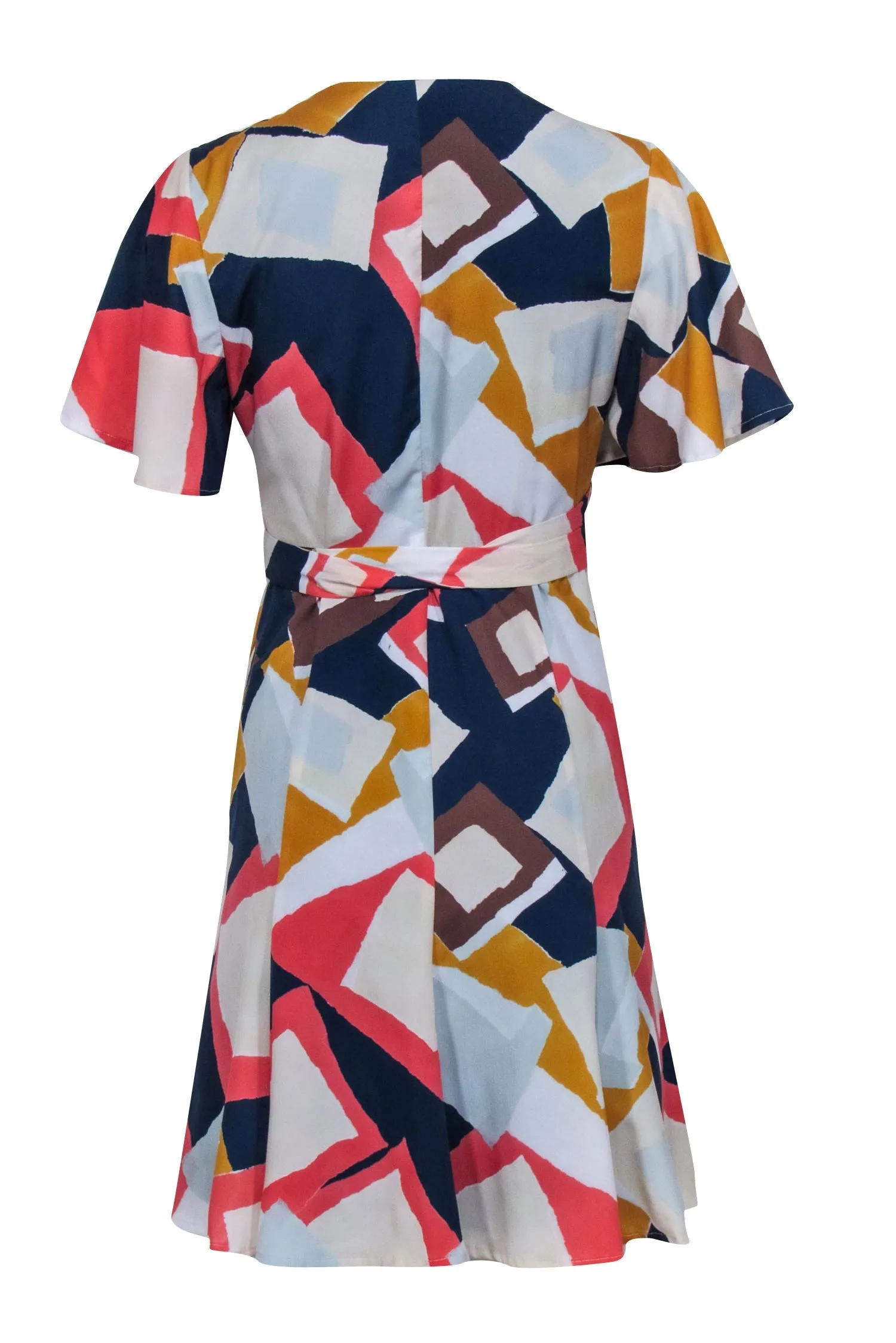 Hutch - Light Blue, Navy, & Coral Sleeve Abstract Print Wrap Dress Sz MP