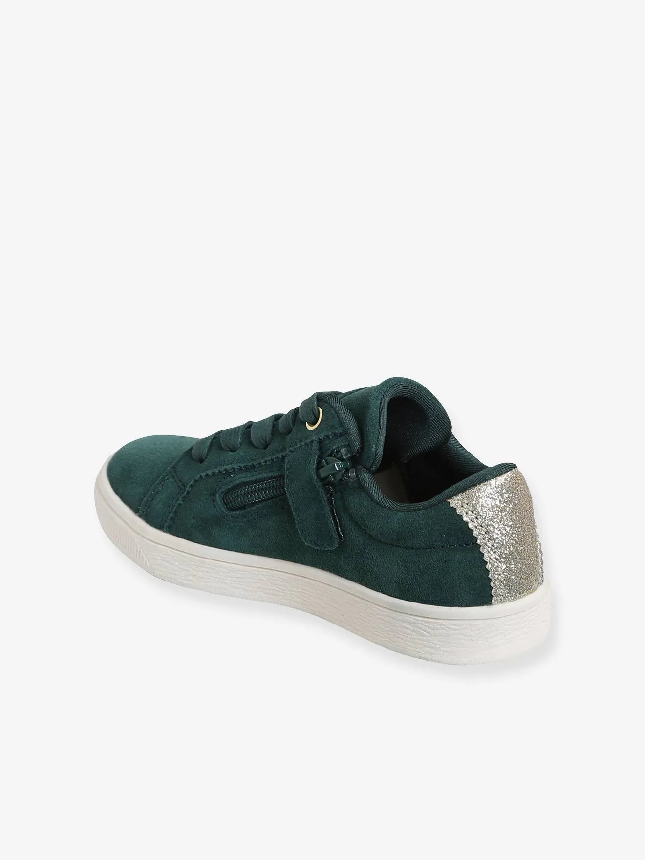 Leather Trainers with Laces & Zip, for Girls - green dark solid with design