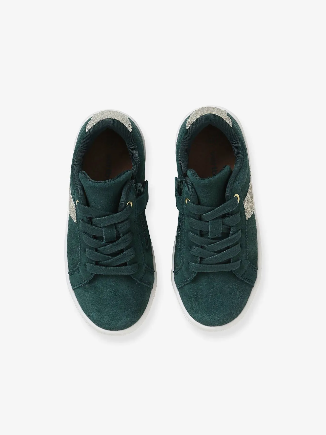 Leather Trainers with Laces & Zip, for Girls - green dark solid with design